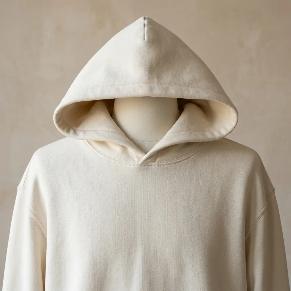 Sculptural hood and neckline of Cloud Dancer hoodie demonstrating pre-shrunk structural integrity
